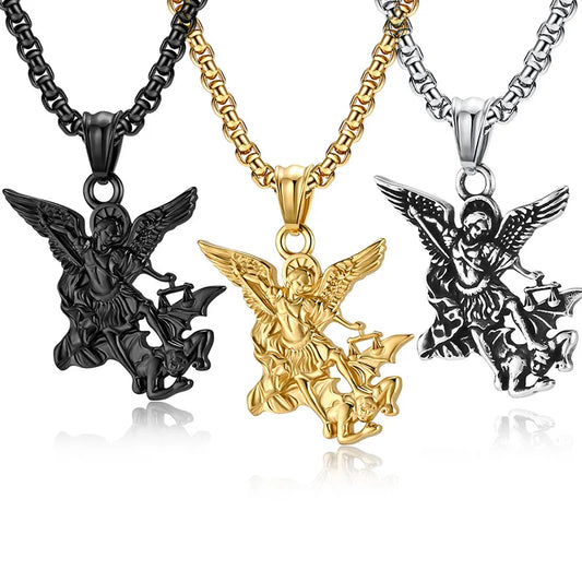 Tempusort Fashion Jewelry 18K Gold Plated Vintage Style Saint Michael Archangel Stainless Steel Pendant Necklace for Men Gifts