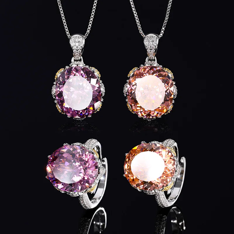 Gemfiori French Zircon Round Pendant Ring with a Light Luxury and High-end Feel Adjustable Ring Court Style Gentle and Fashionable Set
