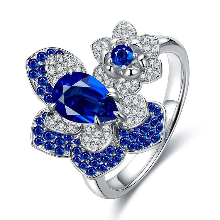 Gemfiori Female Luxurious Flower Ring Resizeable Blue Sapphire Diamond 14k 18k Rings in Solid Gold