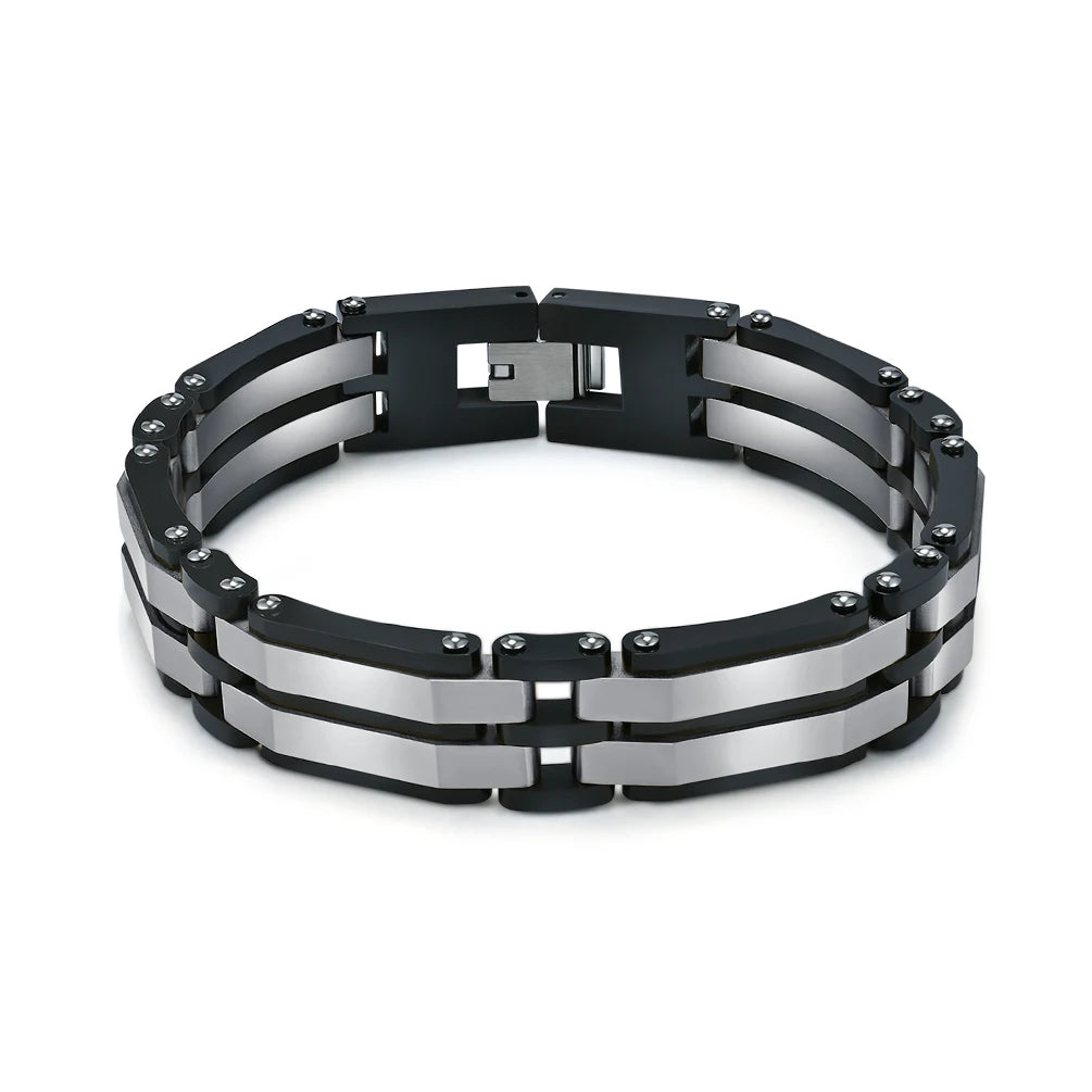 REBEL Alin Western Style Interlinked Rectangular Links Jewelry Stainless Steel Bracelet for Men Unisex