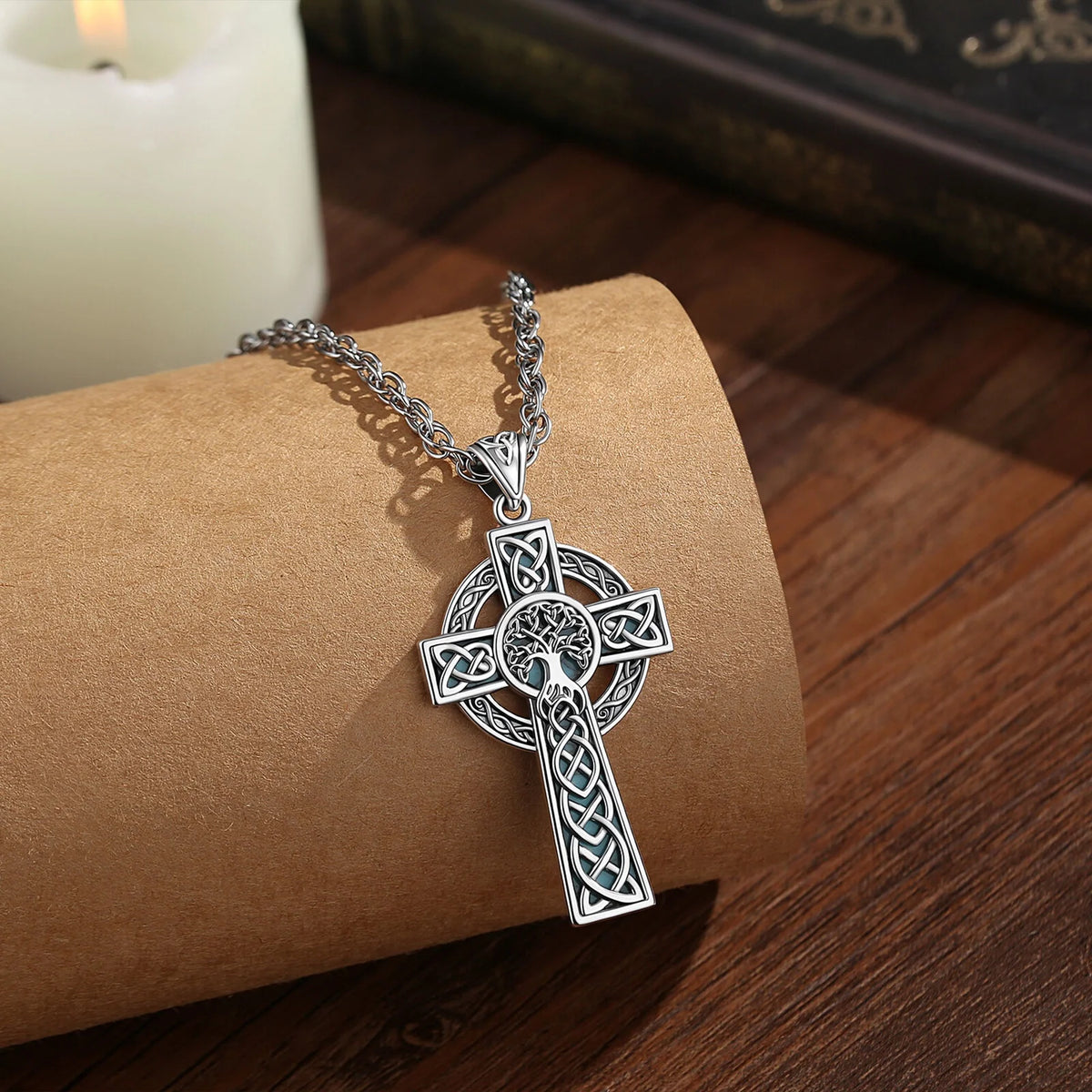 REBEL VIKING Celtic Cross & Tree of Life Pendant – Antiqued Silver & Turquoise