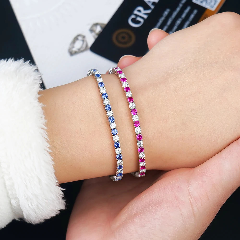 Women Fine Jewelry Multi Color Tennis Bracelet Lab Grown Gemstone Rhodium Plated Classic 3mm 4mm 925 Sterling Silver