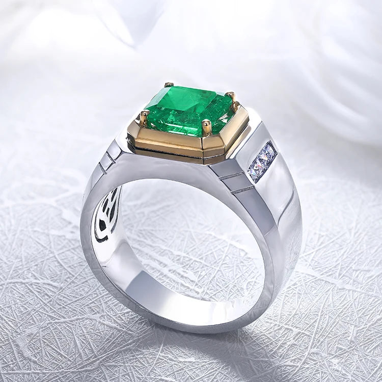 Gemfiori Loose Lab Created Emerald Ring for Men Silver Jewelry for Couples Manufactured Emerald Ring Design