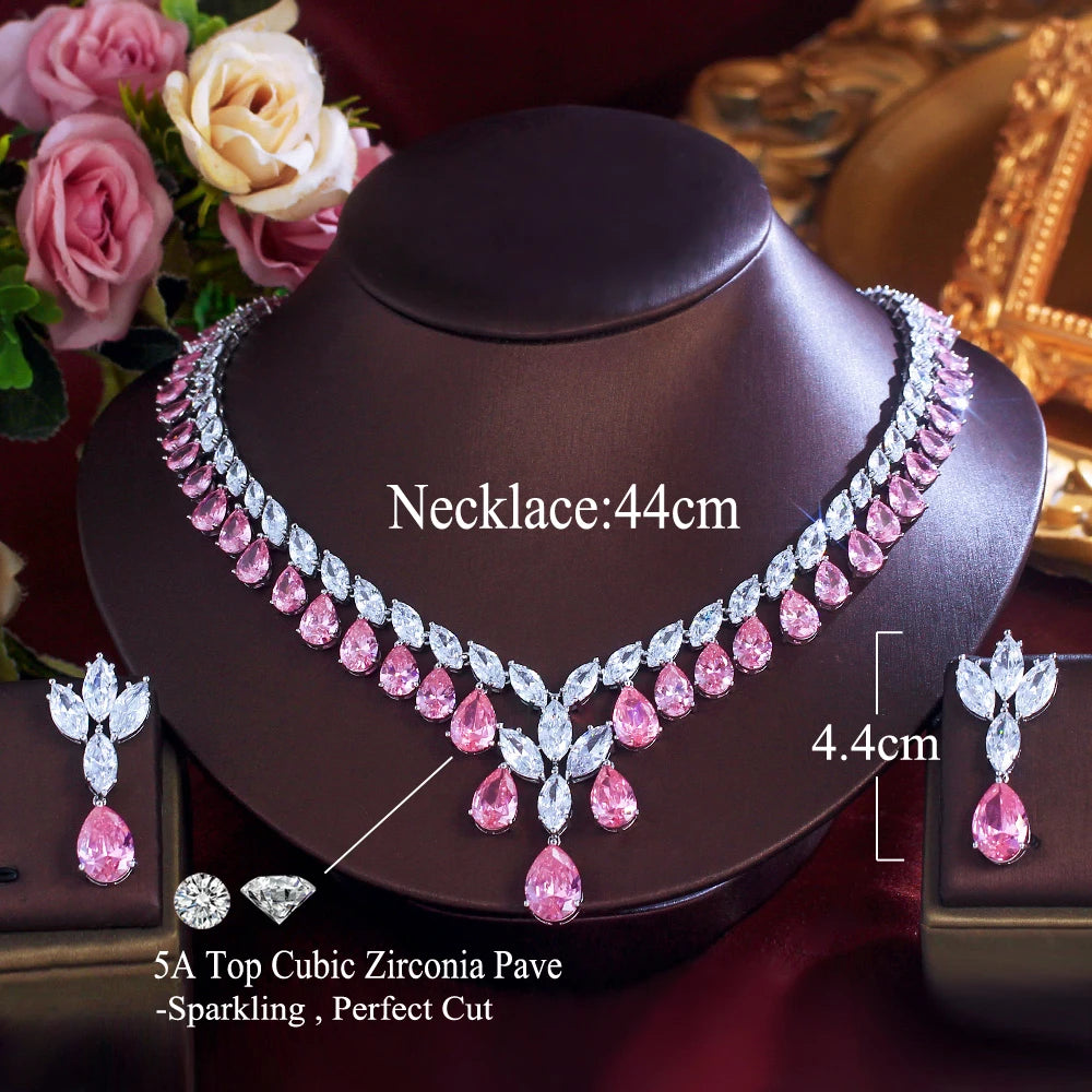 Super Luxury Cubic Zirconia Water Drop Shape Necklace and Earrings Wedding Bridal White Pink Jewelry Set for Women