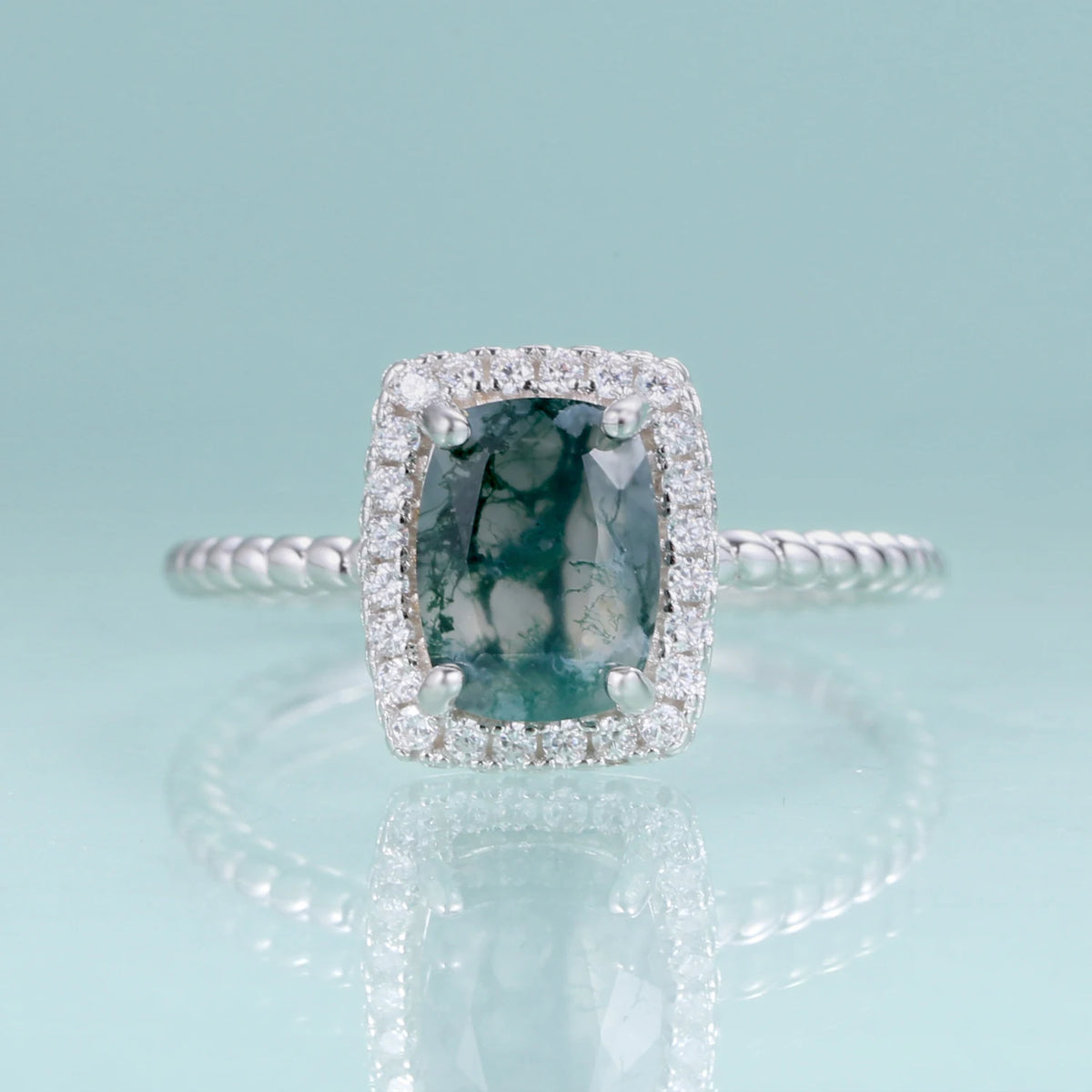 ArtistA Abiding Plated Silver 925 Natural Stone Ring Fancy Cut Natural Inspired Moss Agate Engagement Ring for Anniversary Bridal