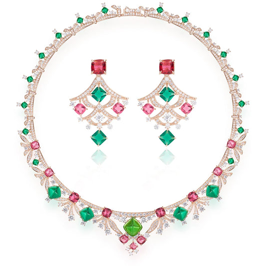 2025 New Maple Leaf Necklace Earrings Women's Jewelry Set Brass Gold Plated Colorful Zircon Wedding Accessories