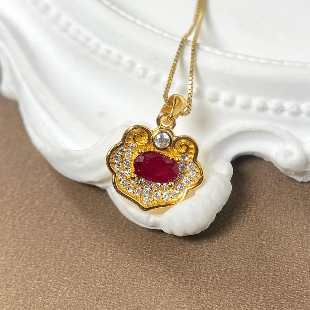 Gioiellieri Natural Ruby Gold Plated 925 Sterling Silver Exquisitely Crafted Claw Setting Gemstone-Inlaid CMA Women's Gift Party Pendant