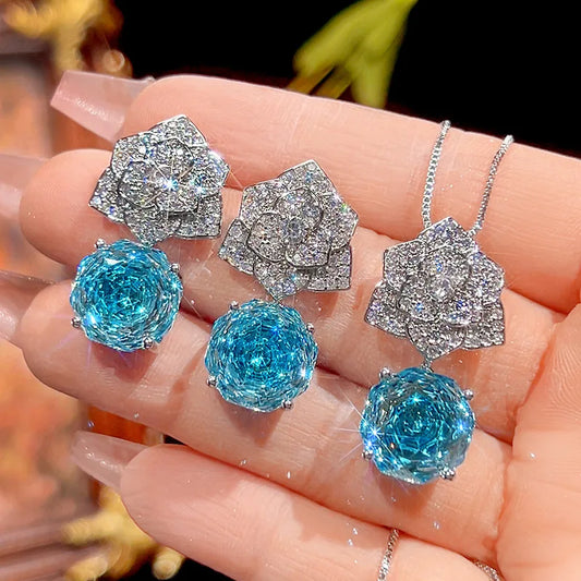 Gemfiori Vintage Zircon Wedding Accessory Set Blue Rose Necklace Earrings Rings Boutique Jewelry Set Valentine's Day Gift