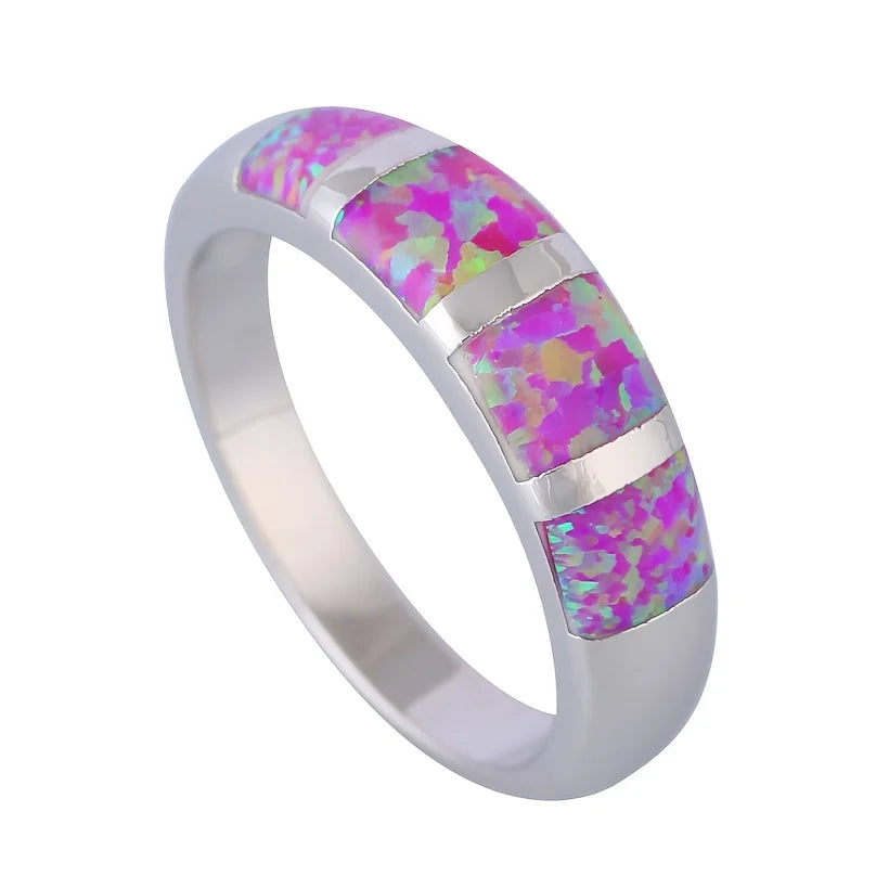 Geometric Overlay Opal Open Ring | Blue/Iridescent Gem Inlay  Band | Nature-Themed Fashion Jewelry for Women
