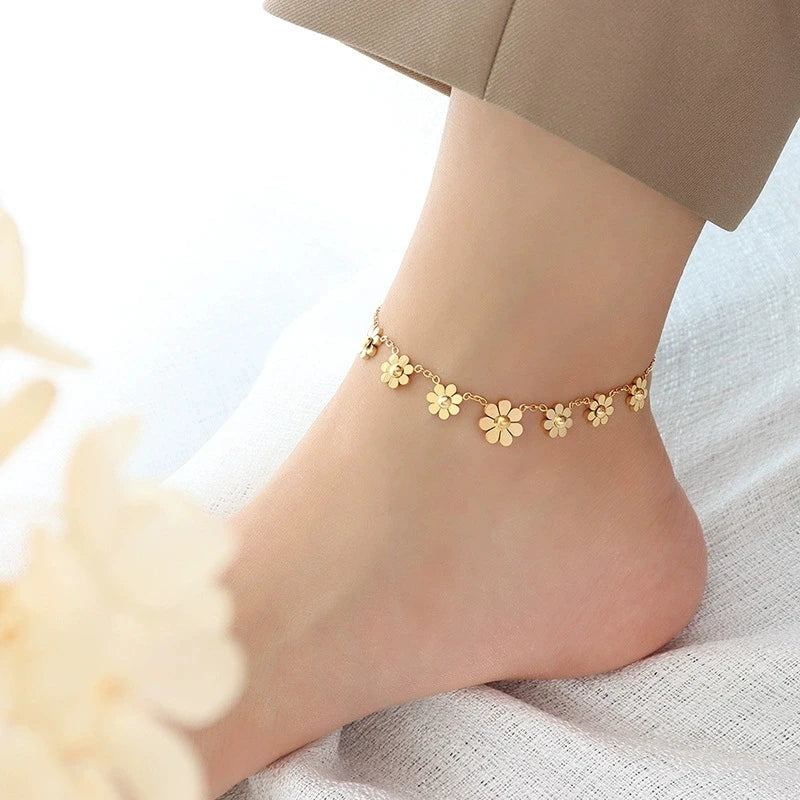 LT-S037 Japanese and Korean Style INS Daisy Petal Anklet Versatile Accessory Chain Plated 18K Real Gold
