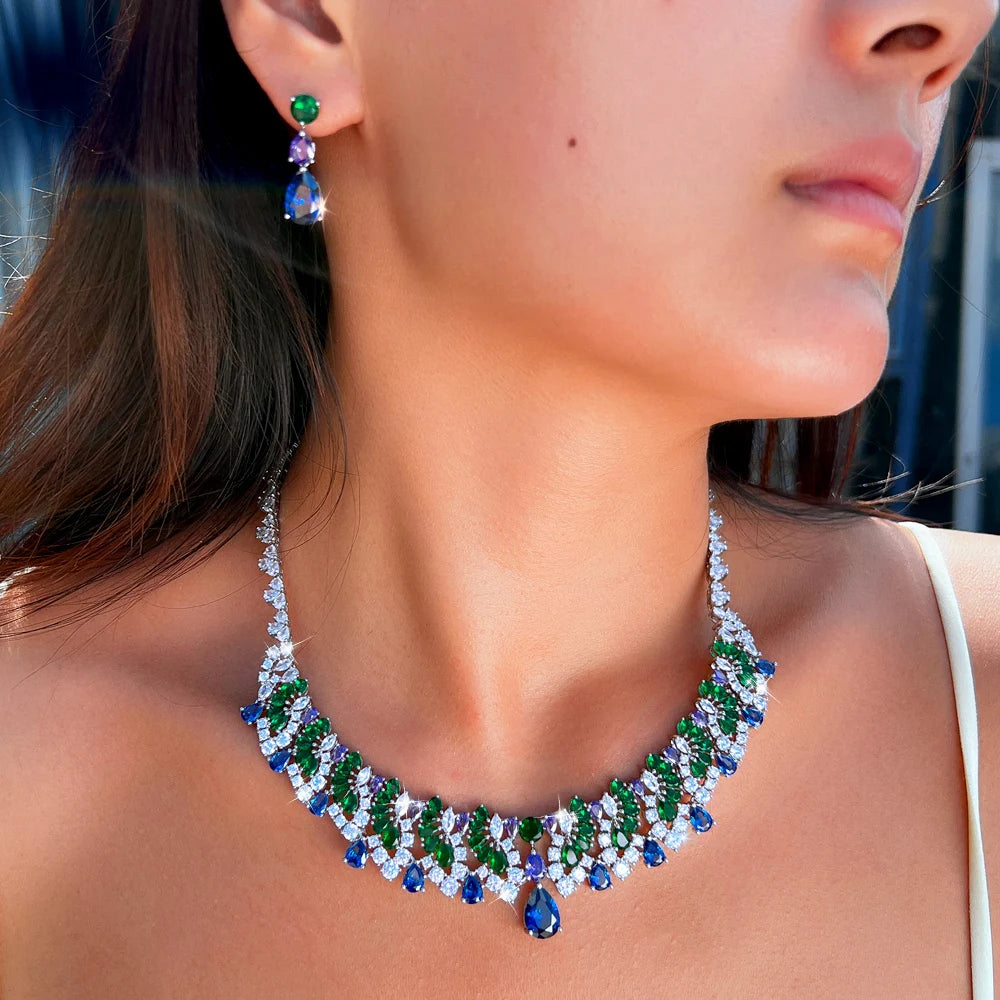 Vintage Shiny Blue Green Cubic Zirconia Necklace Earrings Luxury Water Drop Bridal Wedding Evening Party Jewelry Set for Women