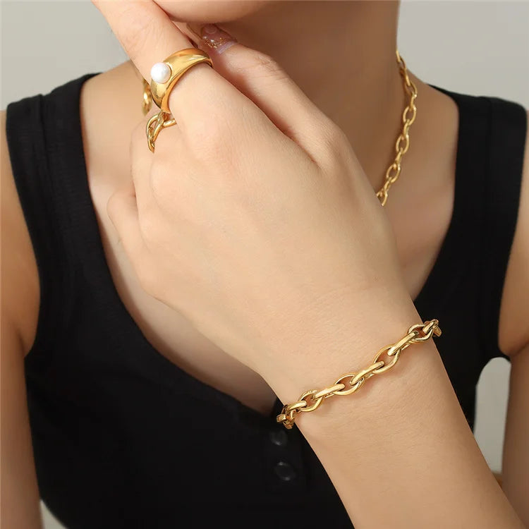 S&S Fasion Luxury Jewellery Women Copper Jewelry Set Thick Link Chain Necklace and Bracelet Hip Hop Trend Simple Gift Opp Bag