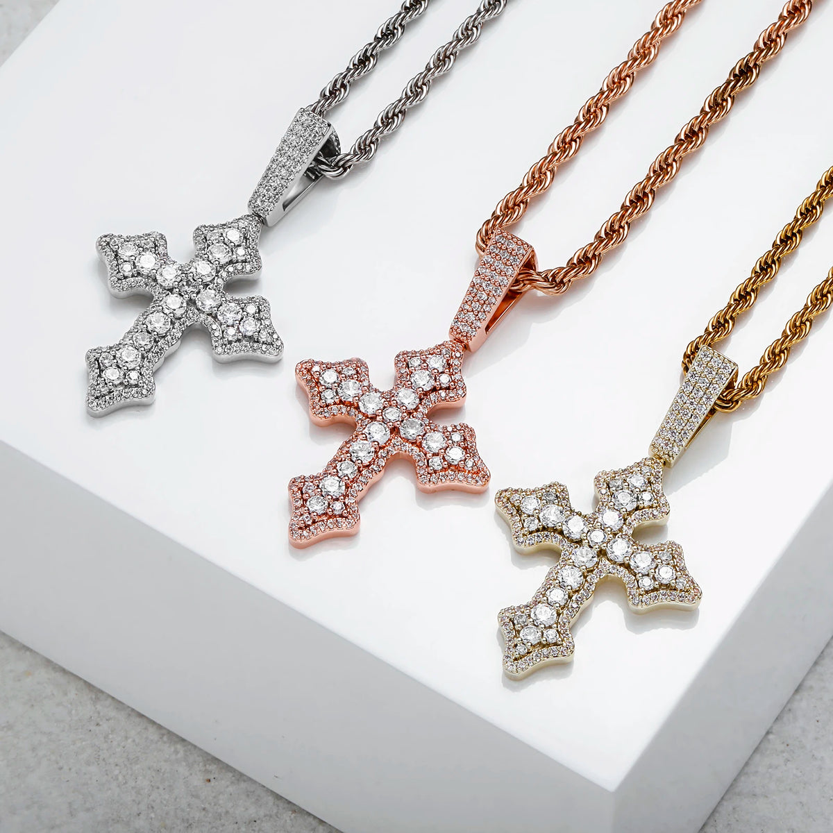 REBEL 14K Gold Plated Iced Out CZ Cross Pendant Rope Chain Hip Hop Cubic Zirconia Gothic Diamond Jesus Cross Necklace for Men Women