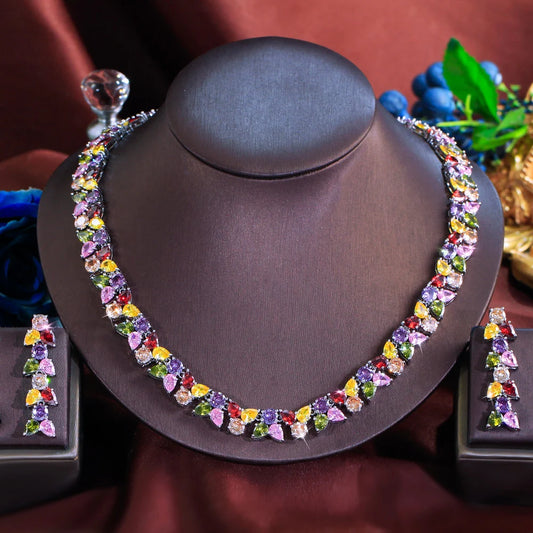 Super Luxury Cubic Zirconia Necklace and Earrings Set Women Colorful Jewelry Set for Party Prom Wedding Dress Accessories
