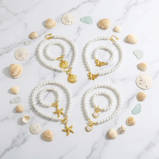 Women's French Vintage Design Pearl Chain Gold-plated OT Clasp Stainless Steel Scallop Starfish Pendant Bracelet Necklace Set