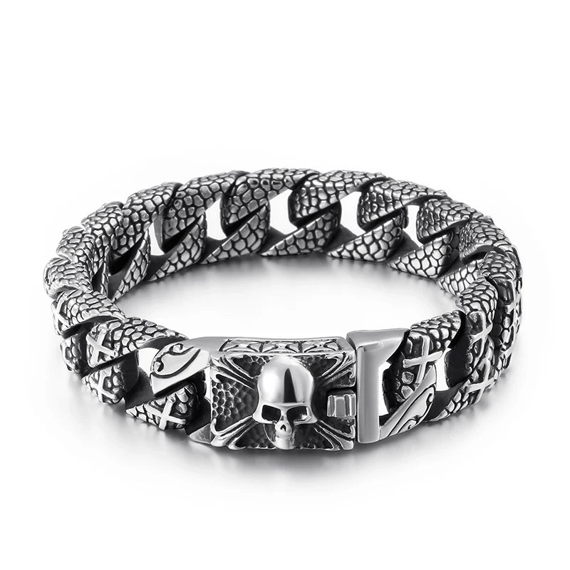 KALEN Pirate Skulls Clasp Skull Charms Snake Skin Pattern Curb Chain Mens Large Stainless Steel Skeleton Cross Bracelet for Men