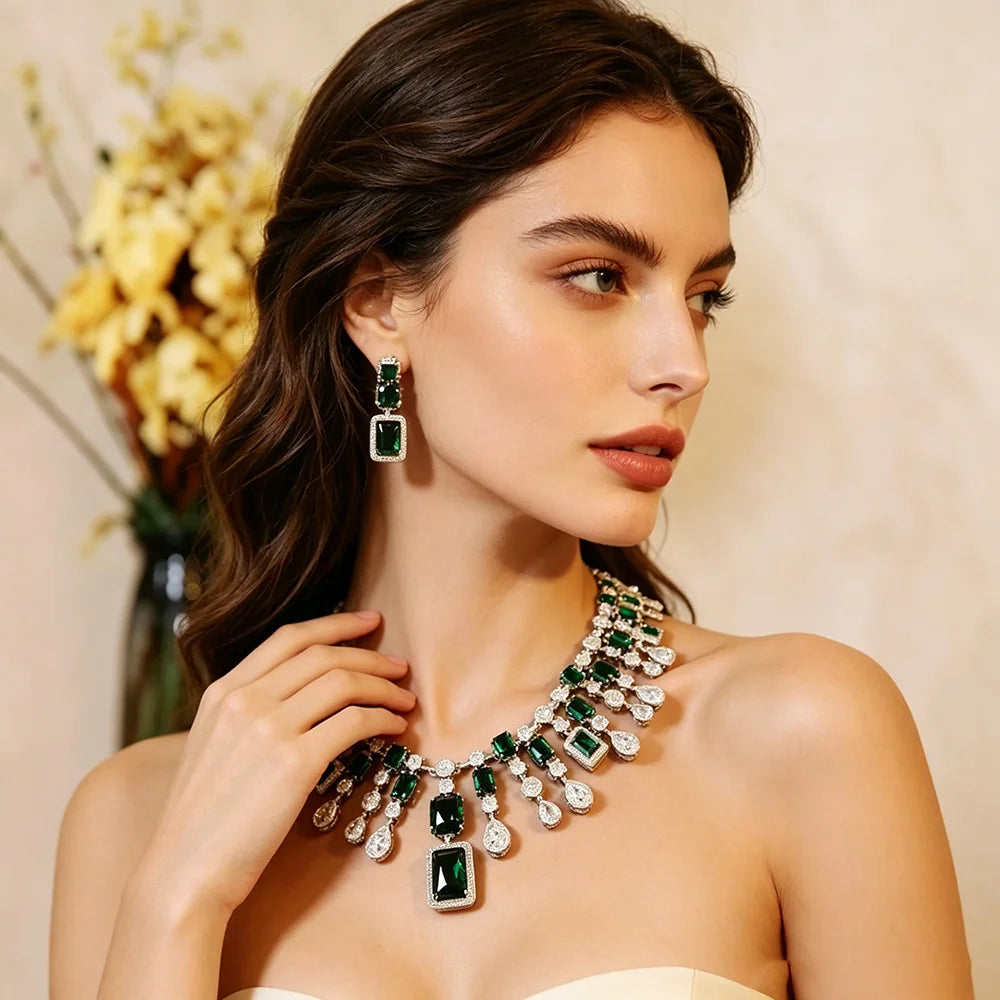 Luxury Cushion-Cut Zirconia Flower Statement Necklace & Drop Earrings Set — Silver Plated