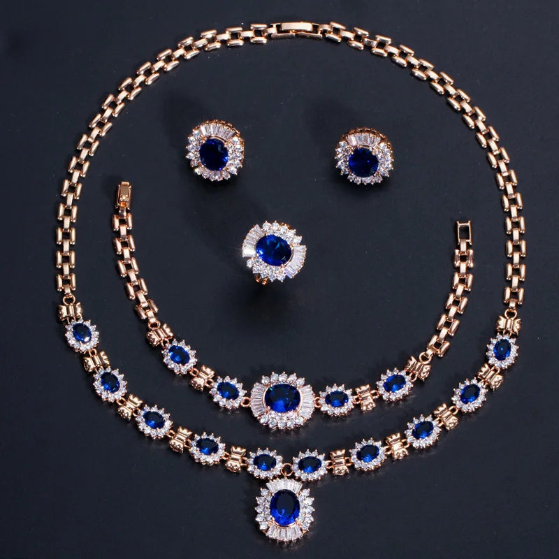 4 Piece Luxury Nigerian Yellow Gold Designs Indian Wedding Red Cubic Zirconia Bridal Jewelry Sets for Women Party Accessories
