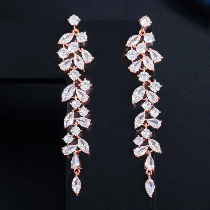 S&S CZ Crystal Leaf Drop Earrings – Marquise Cut – Rose Gold, Gold & Silver – Collection