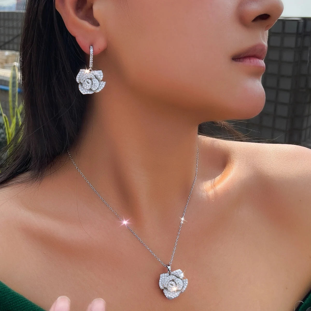 Fashion Brand Geometric Flower Design Cubic Zircon Women Rose Gold Color Earrings Big Pendant Necklace Jewelry Sets for Girls