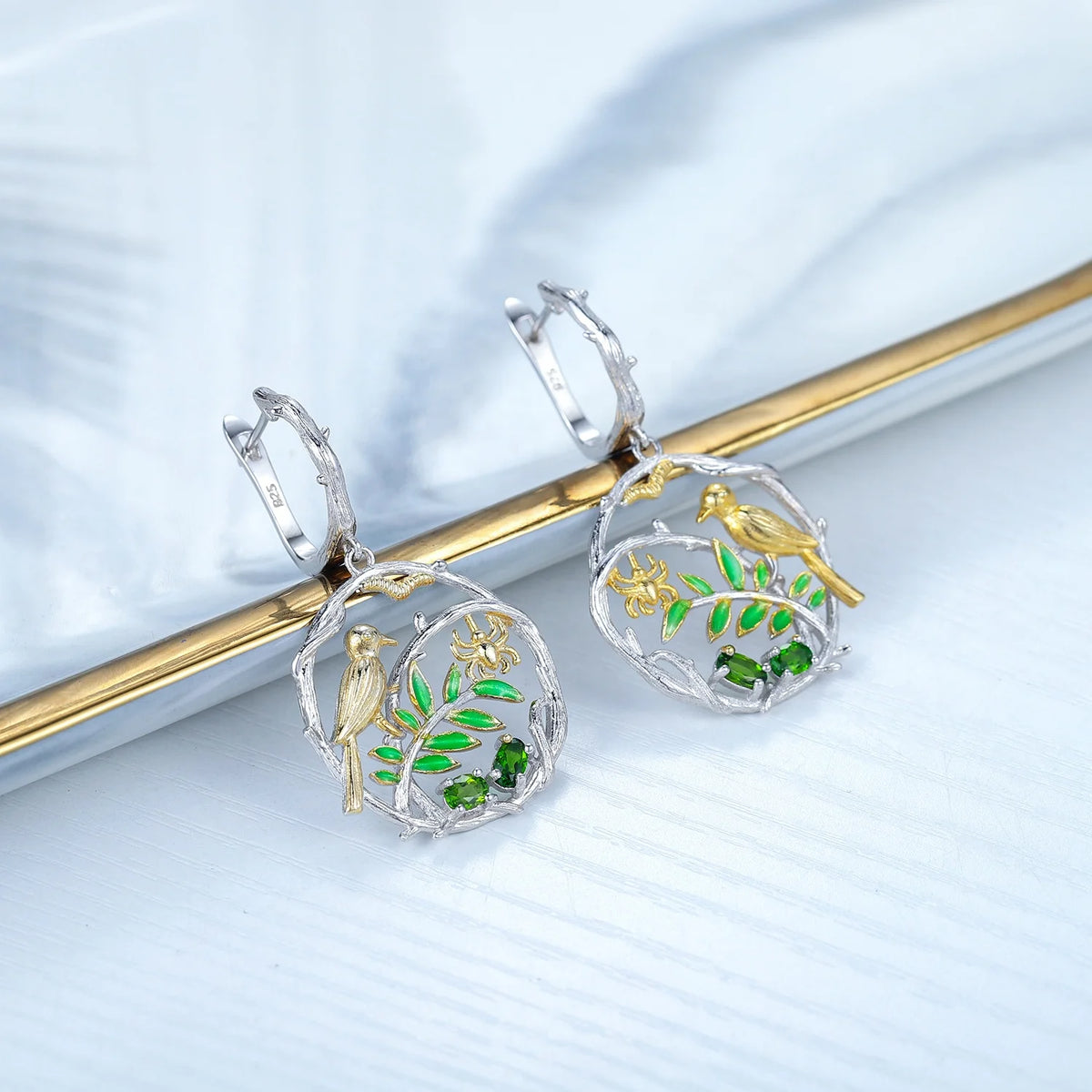 ArtistA C7926 Abiding Green Gemstone Chrome Diopside Gemstone S925 Silver Necklace Earrings Ring Full Set Jewelry