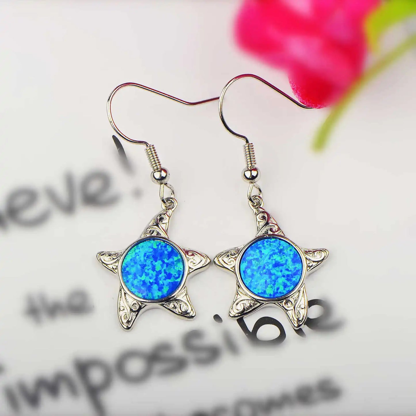 Hawaiian Starfish Star Pendant Earrings Brass Silver Plated Sparkling Blue Opal Bohemian Beach Women's Anniversary TikTok Hot