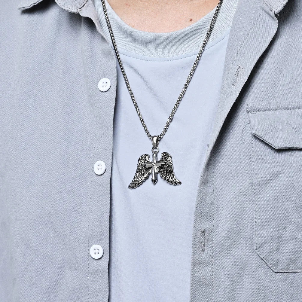 S&S Novirassine Black Gun Plated Stainless Steel Angel Wing Cross Pendant Necklace Vintage Link Hypoallergenic Unisex Party Jewelry