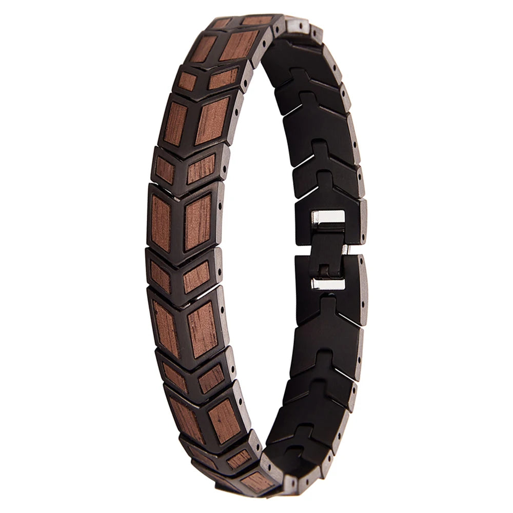 REBEL Blue Stainless Steel and Walnut Wood Skeleton Bracelet Classic Style for Men and Women for Anniversary Occasions