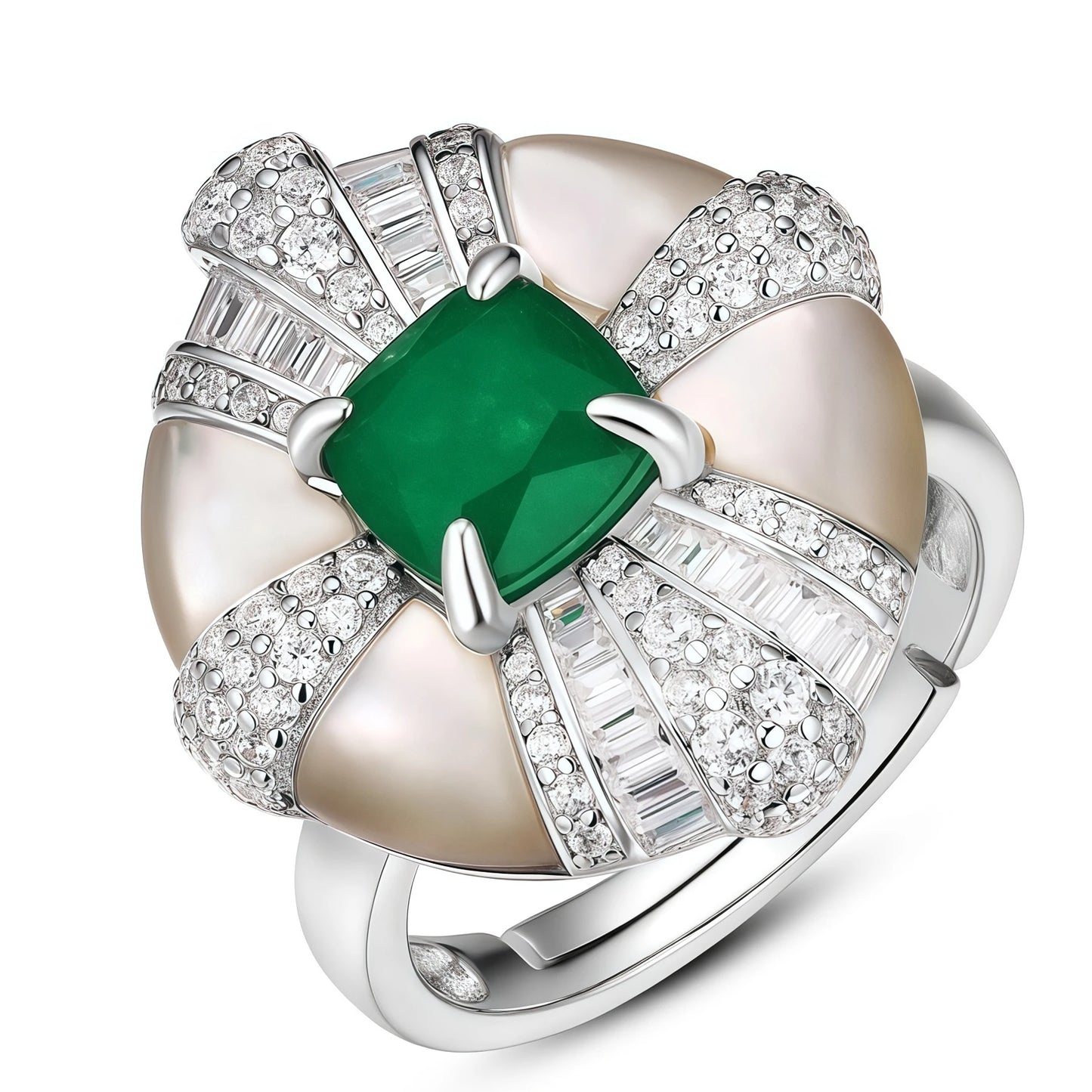 MUSHAN High Carbon Diamond 925 Sterling Silver Ring Rhodium Plated Women's Green Shell Jewelry with Synthetic Gemstones
