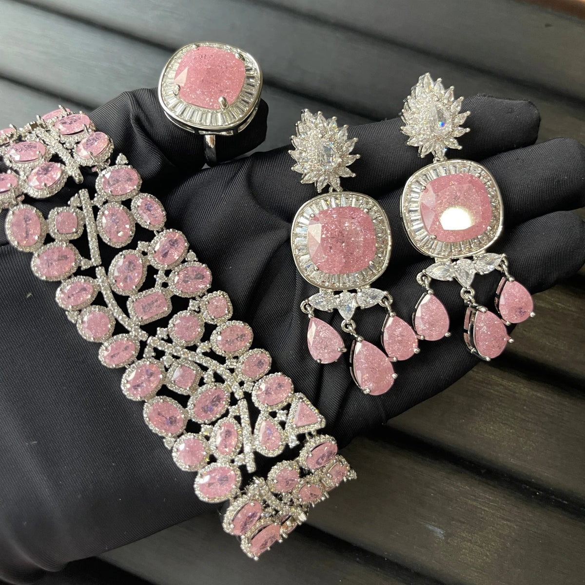 XOTICA TIANSHE Pink Zircon Jewelry 3Pcs Set Heavy Wide Link Bracelet Tassel Drop Earrings &Ring for Women