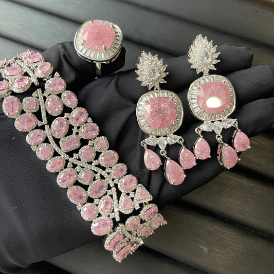 TIANSHE Pink Zircon Jewelry  3Pcs Set Heavy Wide Link Bracelet Tassel Drop Earrings &Ring for Women