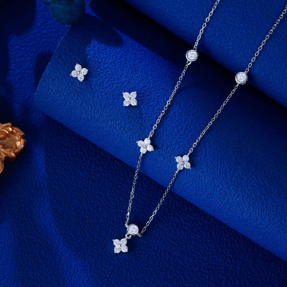 Sparkly White Flowers Shaped Cubic Zirconia S925 Sterling Silver Jewelry Set for Women Datings Wear Birthday Valentine's Gifts