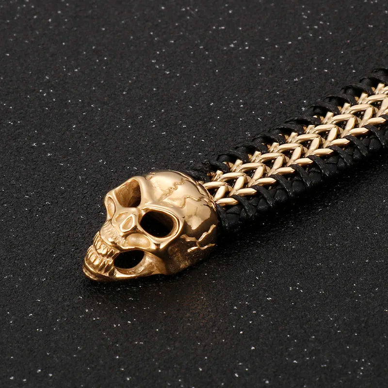 KALEN Punk Skull Fashion Jewelry Bracelets Stainless Steel Cowhide Leather Bracelet Bangle