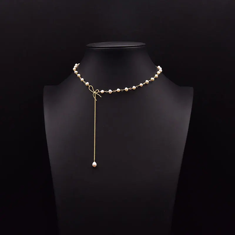Natural Pearl Sweater Necklace for Women Bride Wedding Custom Handmade Vintage 18k Gold-Plated Long Necklace Fine Jewelry
