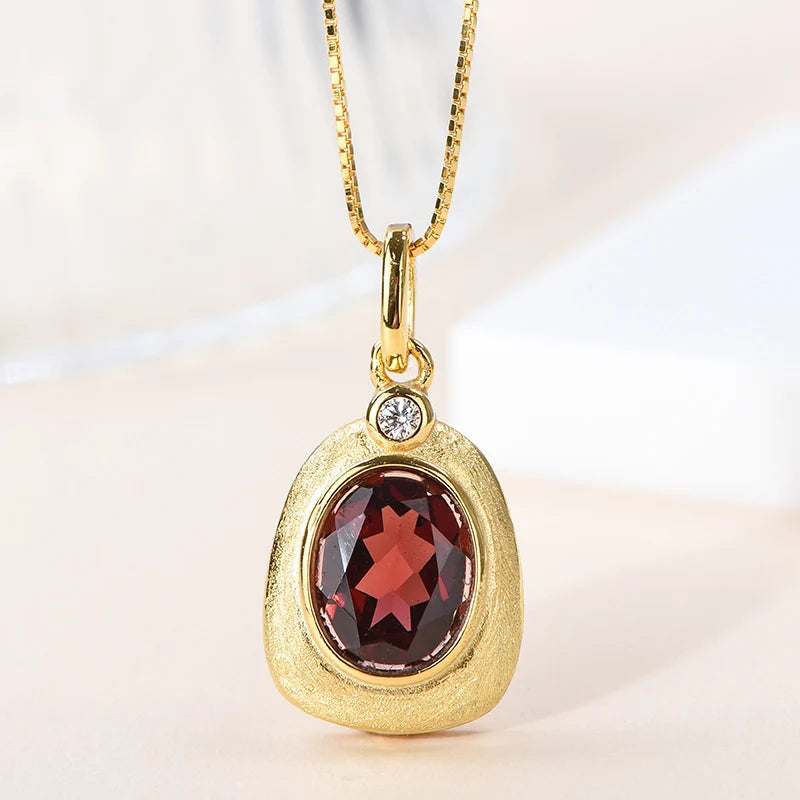 Gioiellieri Fashion Garnet Pendant Necklace Women 18K Gold Plated 925 Sterling Silver Chain Zircon Natural Stone Claw Setting CMA Certified