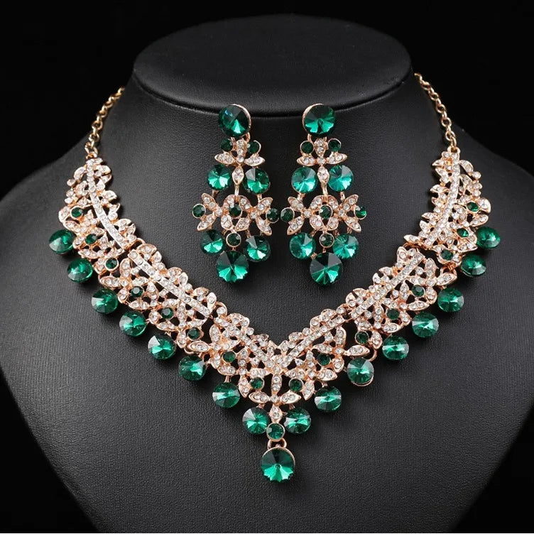 Crystal Flower Necklace & Earrings Jewellery Set | 6 Colours Bridal Evening Fashion Set