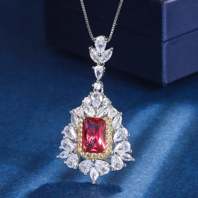 Gemfiori New Popular European and American Flower Shaped Pendant Earrings Set with Pomegranate Red Princess square Zircon Inlay