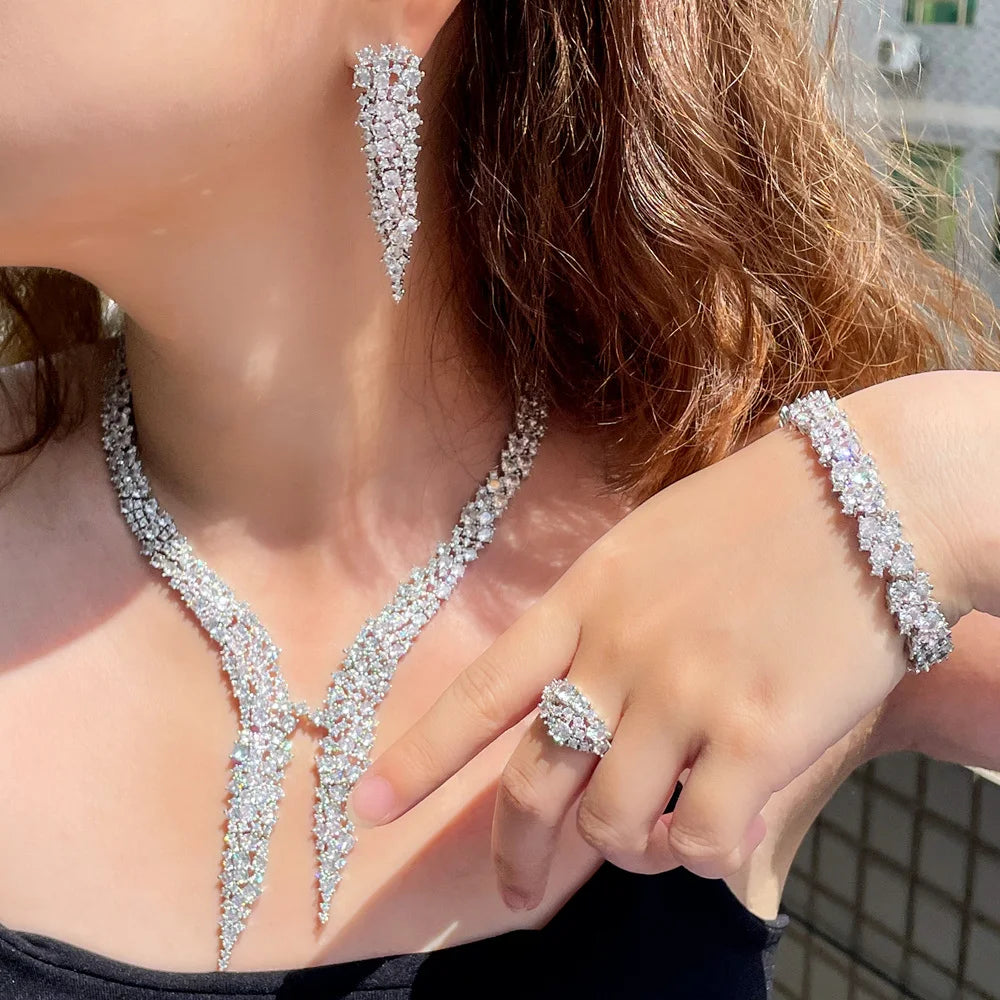 4Pcs Dubai Brilliant CZ Heave Crystal Big Luxury Necklace Earrings Dinner Party Wedding Bridal Costume Jewelry Sets for Women