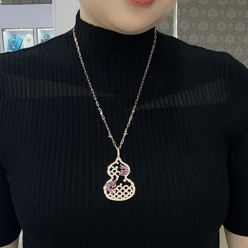 Brass Hollow Small Goldfish Gourd Long Necklace Earrings Two-piece Set Cubic Zirconia Women's Anniversary Gift