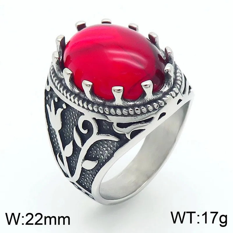 Kalen Vintage Viking Jewelry Luxury Court Style Gemstone Carved Zircon Inlays Stainless Steel Men Rings