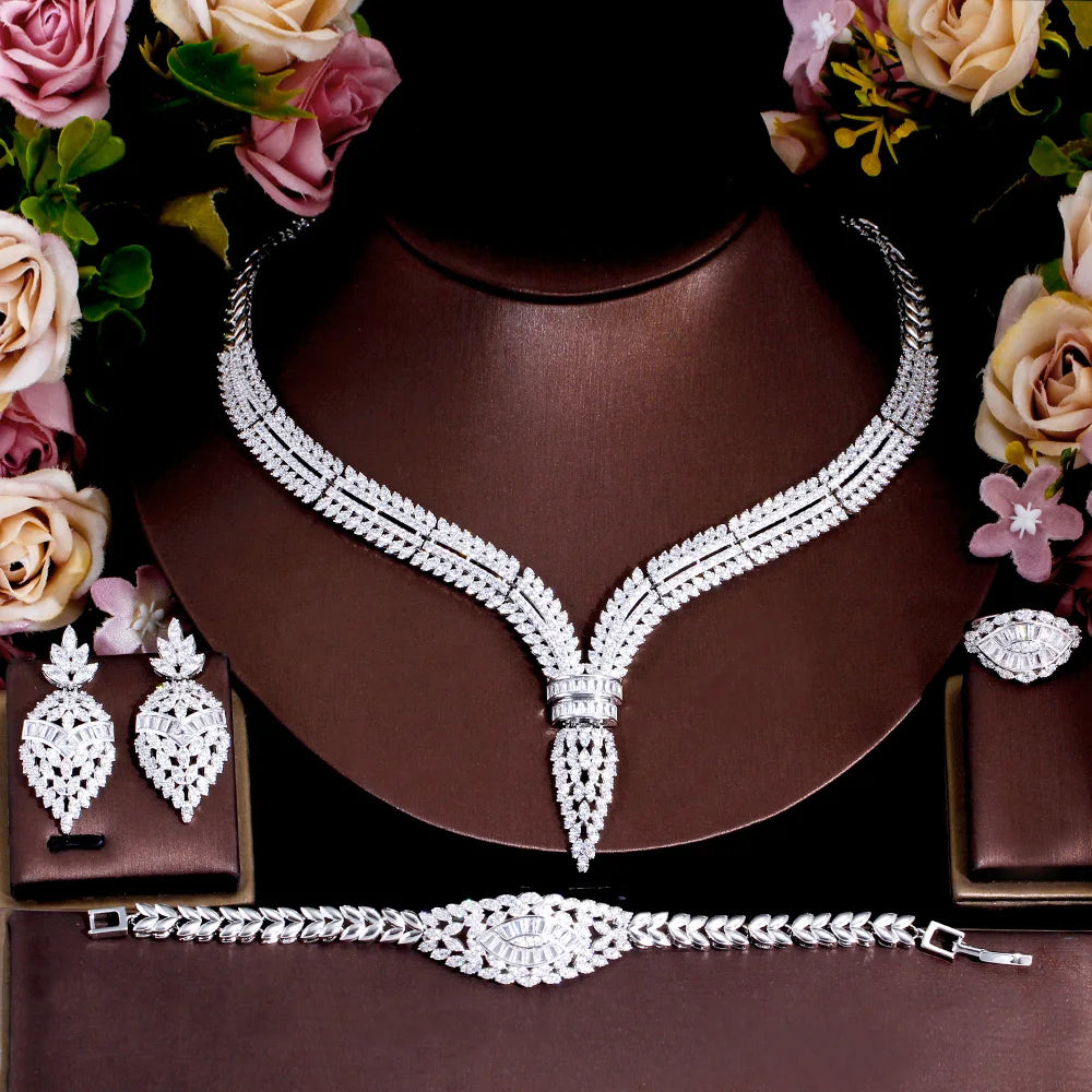 4pcs Elegant Luxury Shiny Cubic Zirconia Women Wedding Costume Necklace Earring Ring Festival Brides Jewelry Sets Accessories