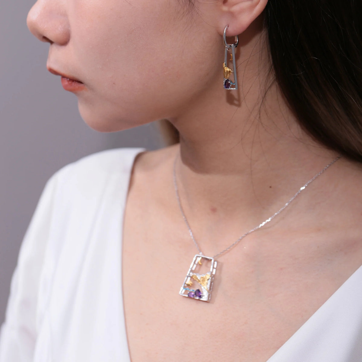 ArtistA C8208 Abiding High-end Silver 925 Landscape Natural Gemstone Swiss Blue Topaz Amethyst Peridot Earrings Pendant Jewellery Set