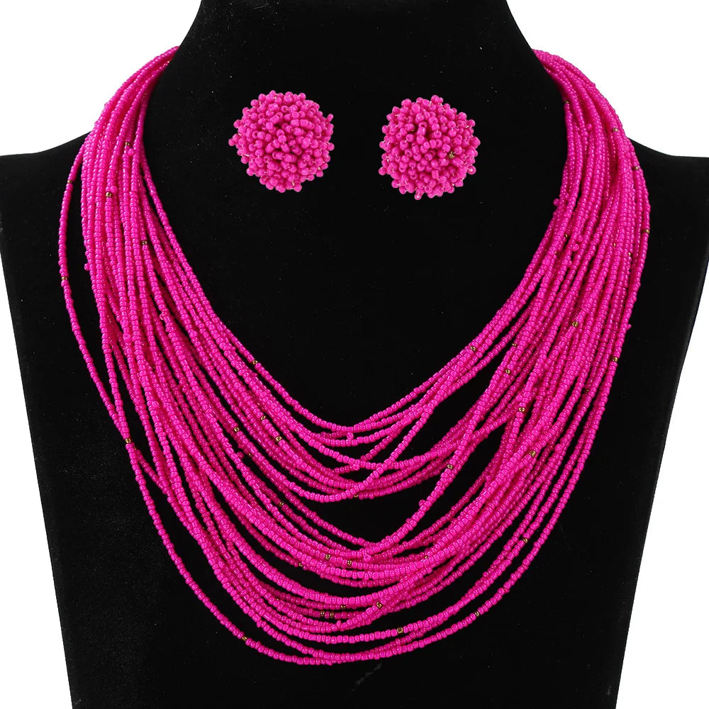 Bohemian Multi-Layer Rice Bead Necklace & Earrings Set | Retro Ethnic Style Glass Bead Jewellery | 9 Colours