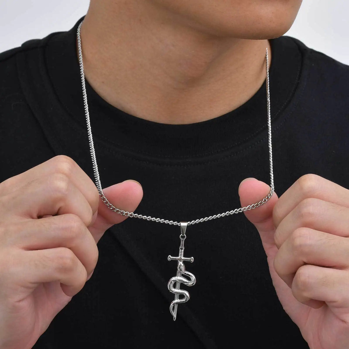 REBEL Men's Stainless Steel Snake Head Necklace Roman Numeral Rectangle Pendant Black Silver Gold Plated Trendy Christian Party GOLDIX