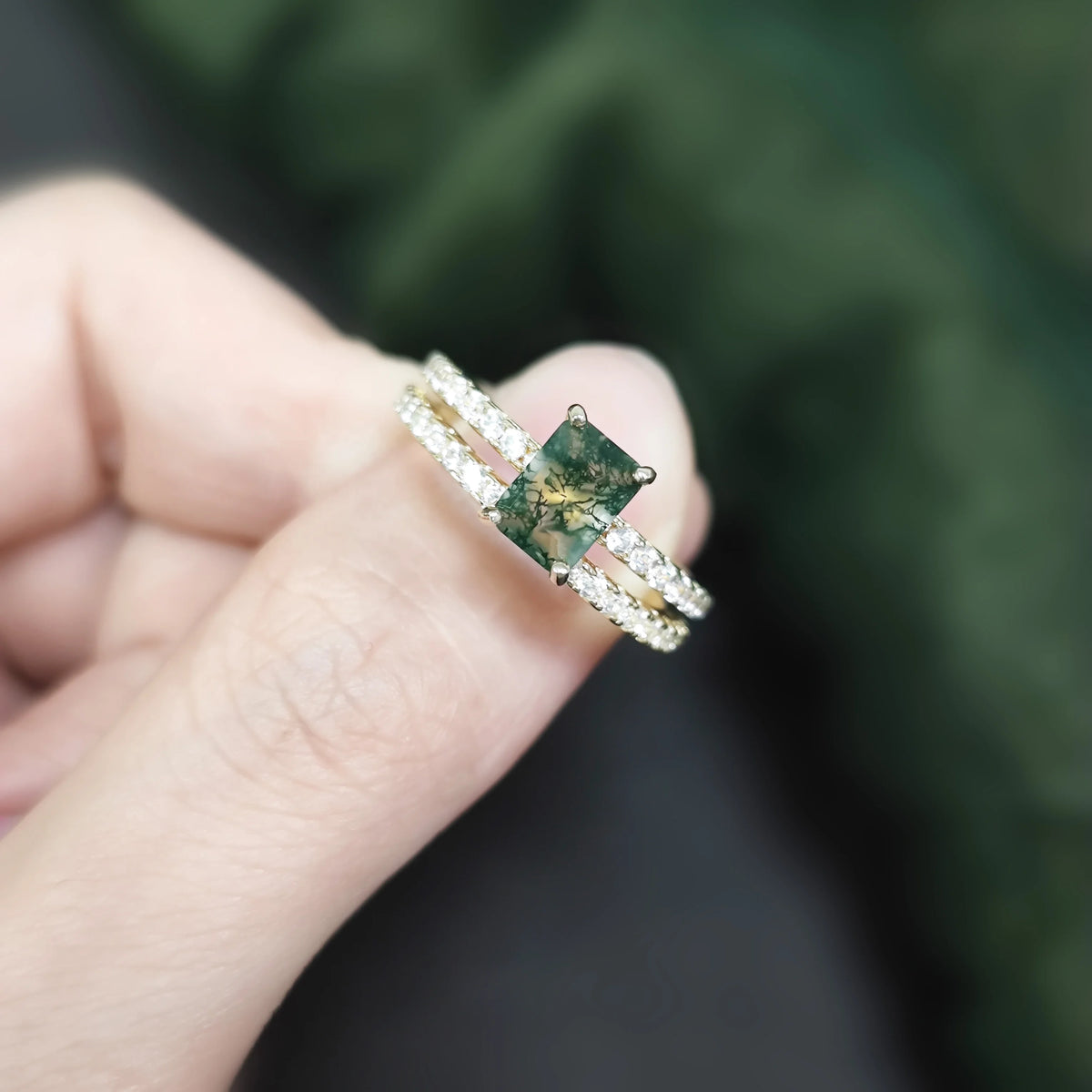 ArtistA Abiding Classic Modern Simple Two Pieces 925 Sterling Silver Emerald Cut 5X7MM Natural Moss Agate Gemstone Ring Set for Ladies