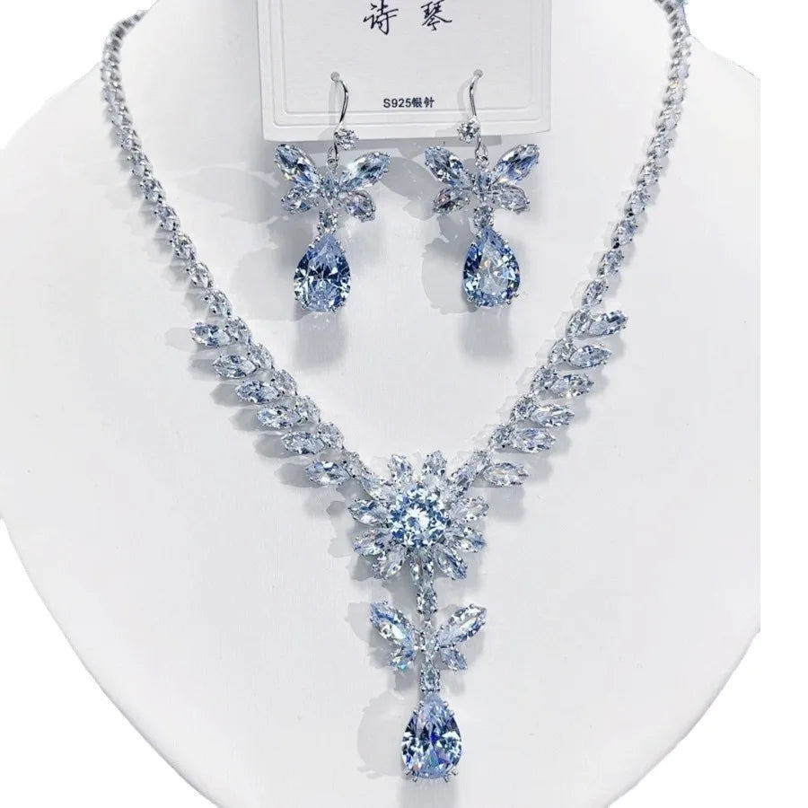 K065 Wholesale Women Trendy Luxury Butterfly and Flower Zircon Bridal Necklace Earrings Set Wedding Elegant Jewelry Set
