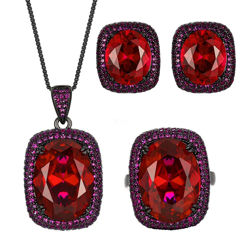 Gemfiori Luxury Vintage Gothic Royal Blue Sapphire Jewelry Set Black Gold Plated Cushion Cut Blue Gem Halo Pendant Necklace Earrings Ring