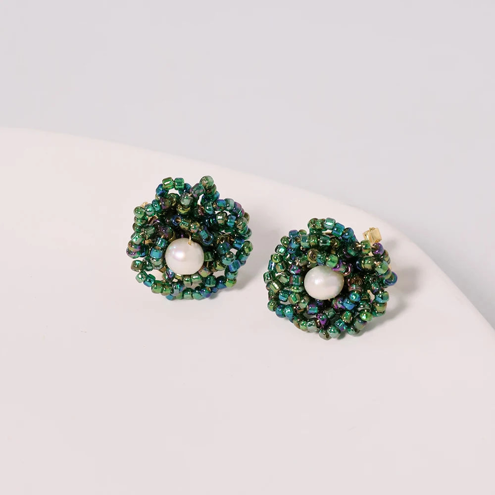 Natural Freshwater Pearl Green Glass Earrings Earring for Woman Korean Fashion Style Vintage Personality Lady Jewelry
