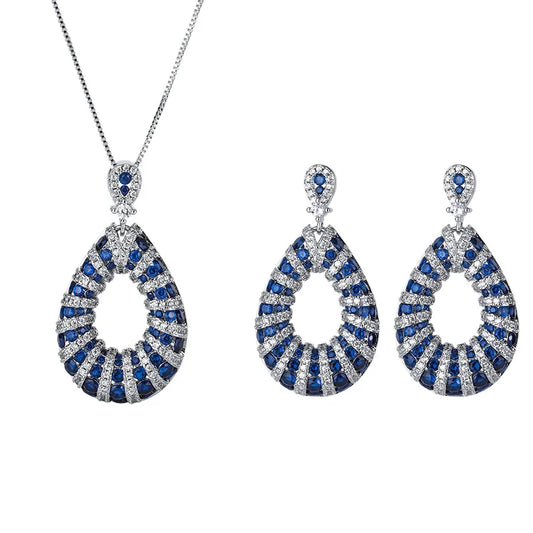 Durable Eco-friendly Brass 12*14mm Blue Zircon Teardrop Necklace and Ear Ring 3PCS Set Elegant Women Jewelry Sets