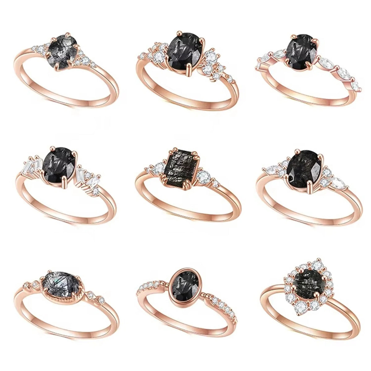 Gemfiori Abiding OEM Factory Direct Sale Rose Gold Plated 925 Sterling Silver Natural Black Rutilated Quartz with White CZ Side Stones